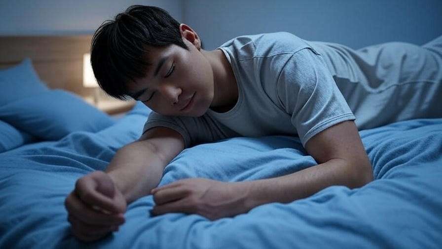 Person practicing progressive muscle relaxation on a bed with soft night lighting.