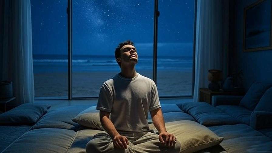 Person visualizing a peaceful beach scene during meditation in a dimly lit room.