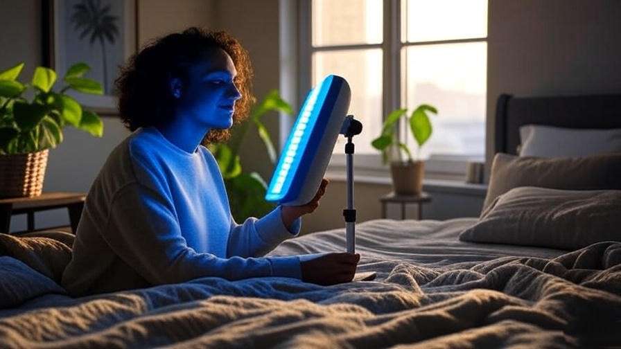 Person using blue light therapy lamp in serene bedroom at sunrise for better sleep and meditation focus.