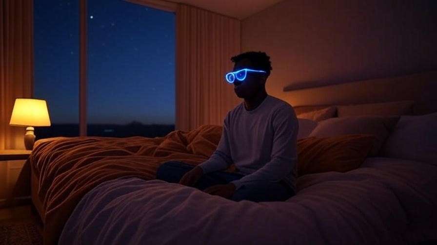 Person wearing blue light-blocking glasses in cozy bedroom for improved sleep quality.