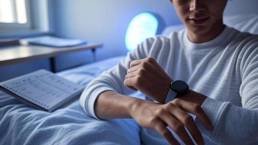 Person adjusting sleep tracker with blue light therapy lamp for personalized sleep schedule.