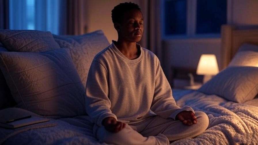 Person meditating in bedroom with dream journal, pre-sleep mindfulness setup.