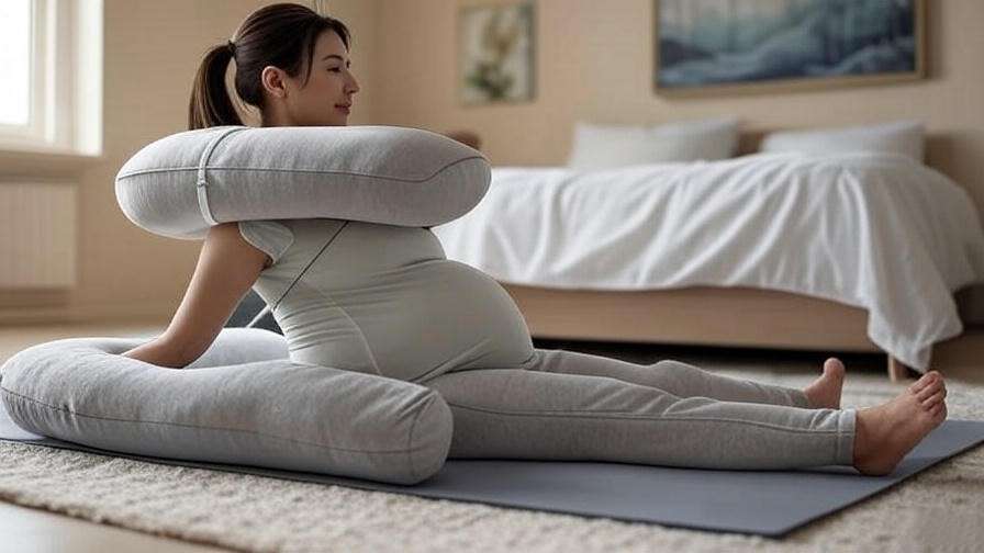 Pregnant woman stretching with a C-shaped pregnancy pillow for back support