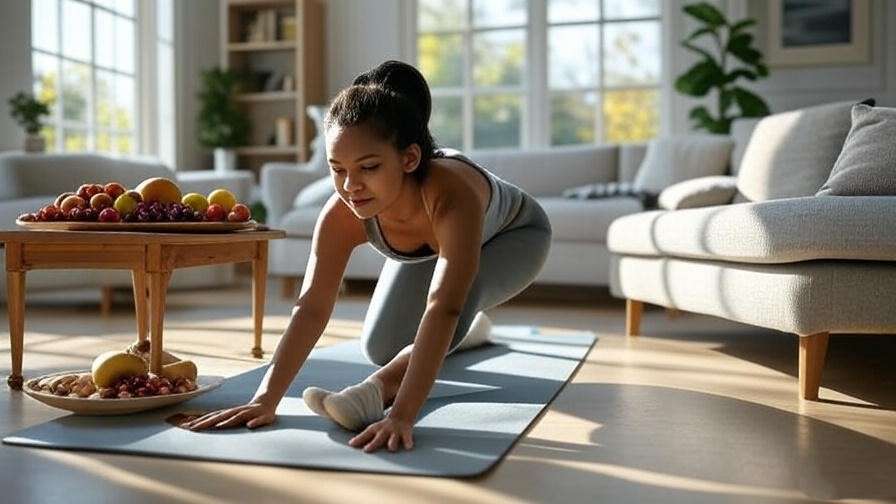 Person stretching with healthy food in a bright living room for holistic wellness.