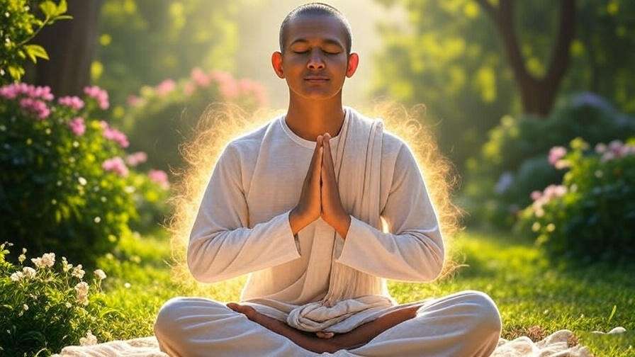 Person practicing loving-kindness meditation in a peaceful garden with glowing aura.