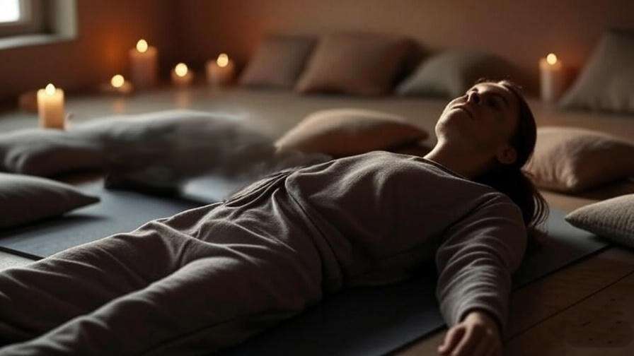 Person practicing body scan meditation with candles in a cozy indoor setting.