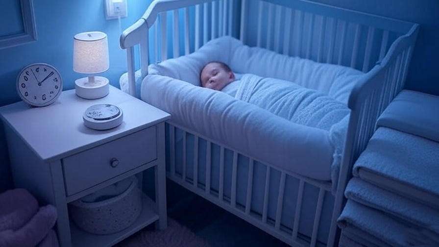 Organized nursery with swaddled baby and white noise machine at bedtime.