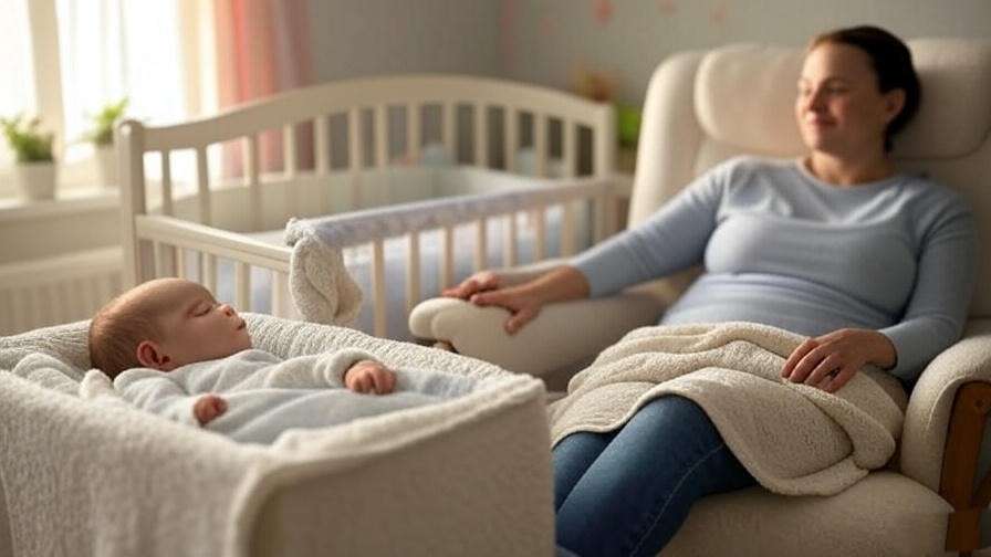 Sleeping baby in crib with resting parent in rocking chair.