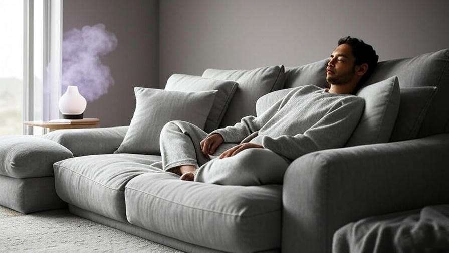 Person meditating on a reclining sleeper sofa with lavender diffuser and soft pillows in a minimalist room.