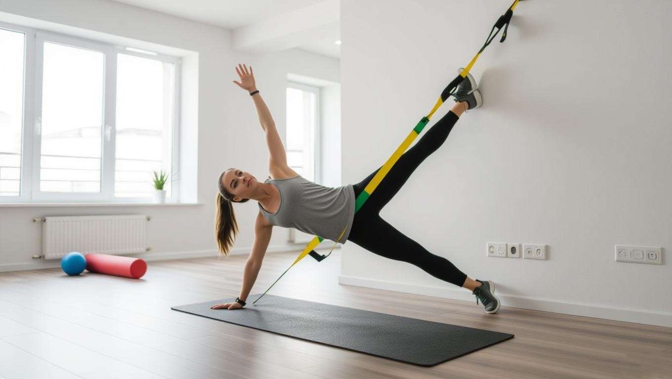 Person doing wall angels exercise with resistance band in modern home gym