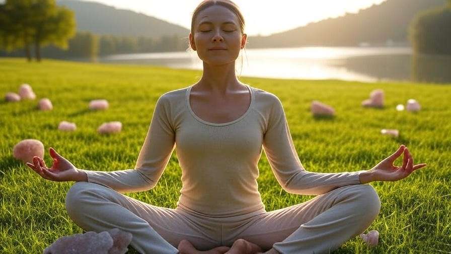 Person doing yoga with meditation rocks at sunrise by a lake for holistic well-being.