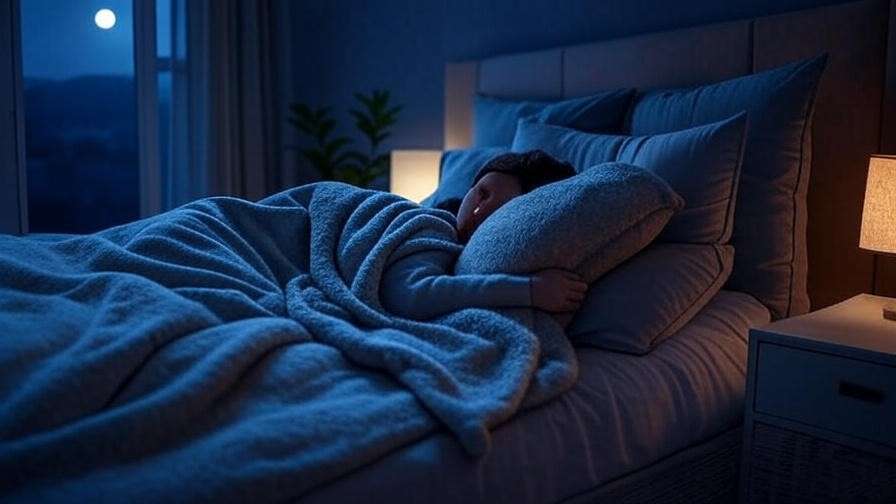 Person sleeping with legs elevated on a foam wedge in a serene bedroom at night.