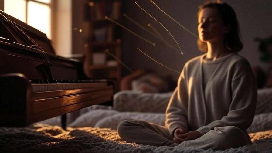 Cozy room with a vintage piano and meditating person, symbolizing classical music for emotional balance.