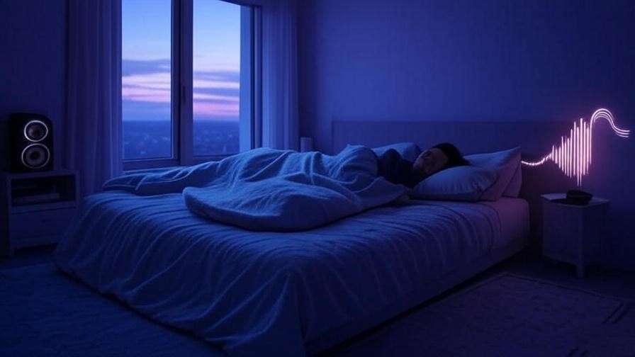 Tranquil bedroom with soundwaves from a speaker, illustrating ambient music for sleep.