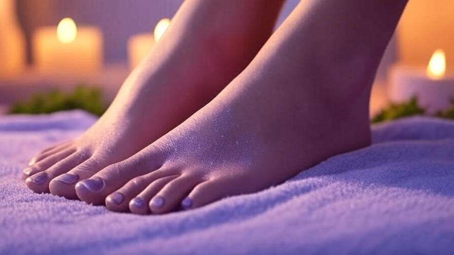 Close-up of feet receiving reflexology massage with lavender oil and candlelight for relaxation.