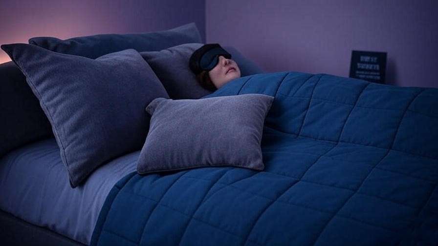 Bedroom with sleep mask and dim lighting for sleep hygiene.