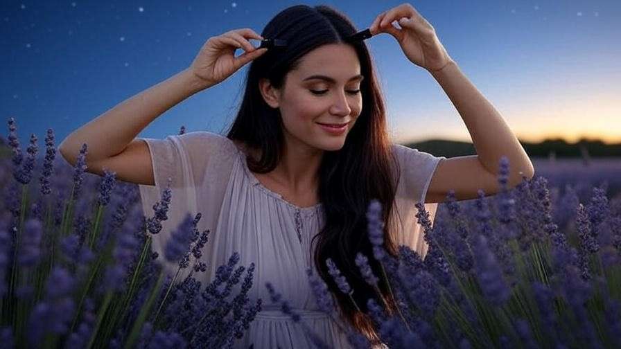 Person applying essential oils to scalp with lavender fields for sleep relaxation.