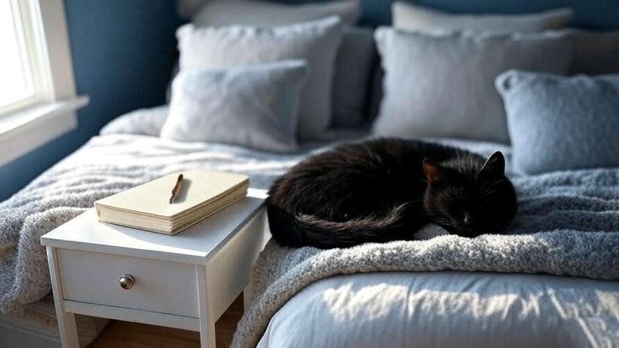 Black cat sleeping near a dream journal in a cozy bedroom, promoting dream insights.