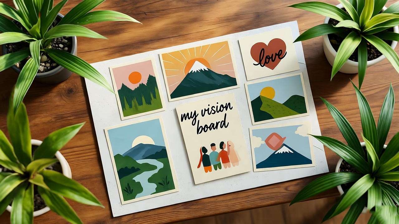 Vision board with nature and hearts on a cozy desk, symbolizing practical manifestation tips.