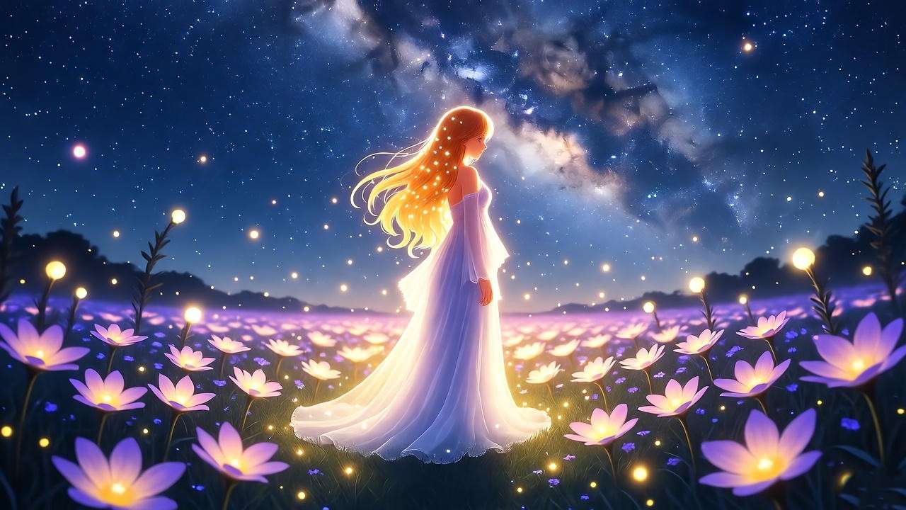 Magical dreamscape with a radiant dream girl figure under a starry sky.
