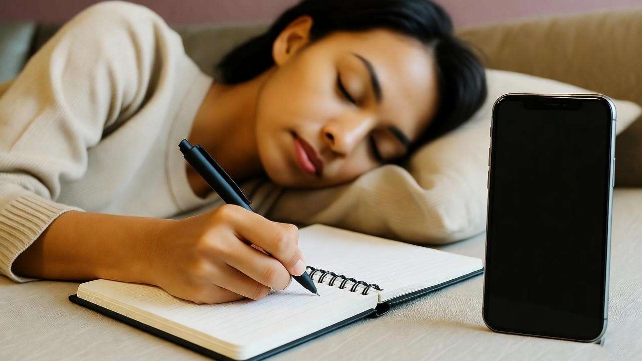 Person testing dream mattress with journaling and sleep app.