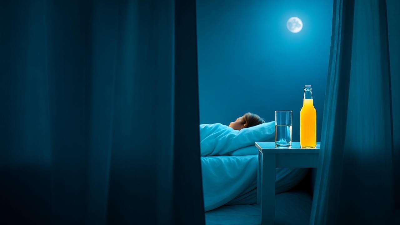 Peaceful sleeper with bedside table holding water and tropical beverage bottle at night
