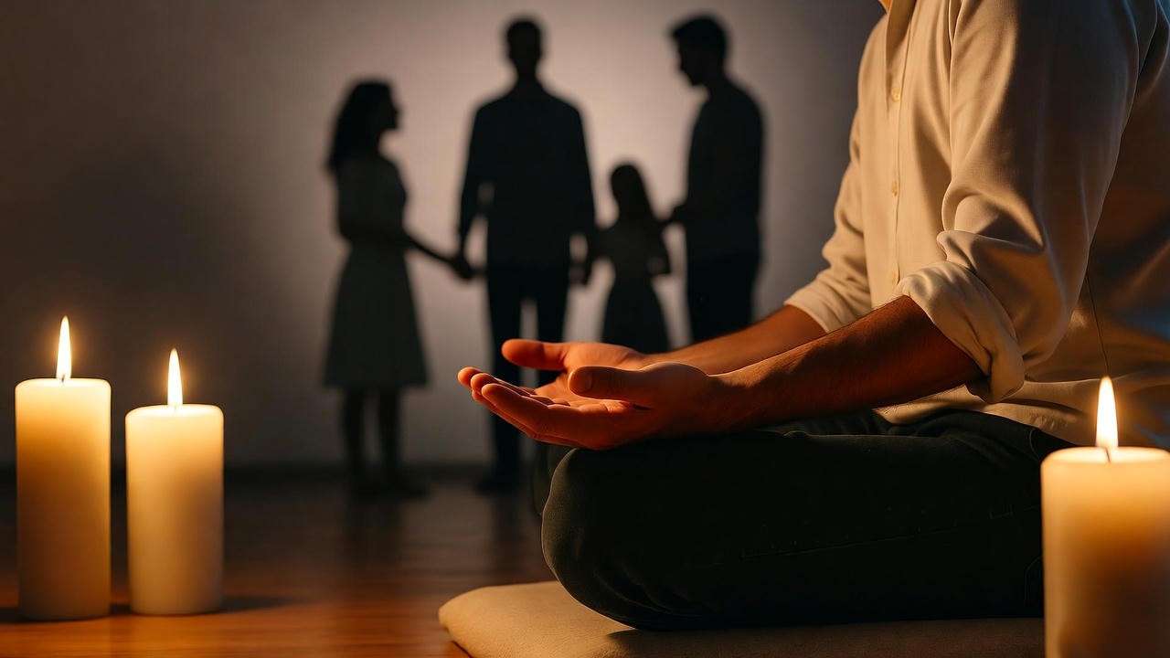 Person meditating with candlelight and family silhouette symbolizing mindfulness.