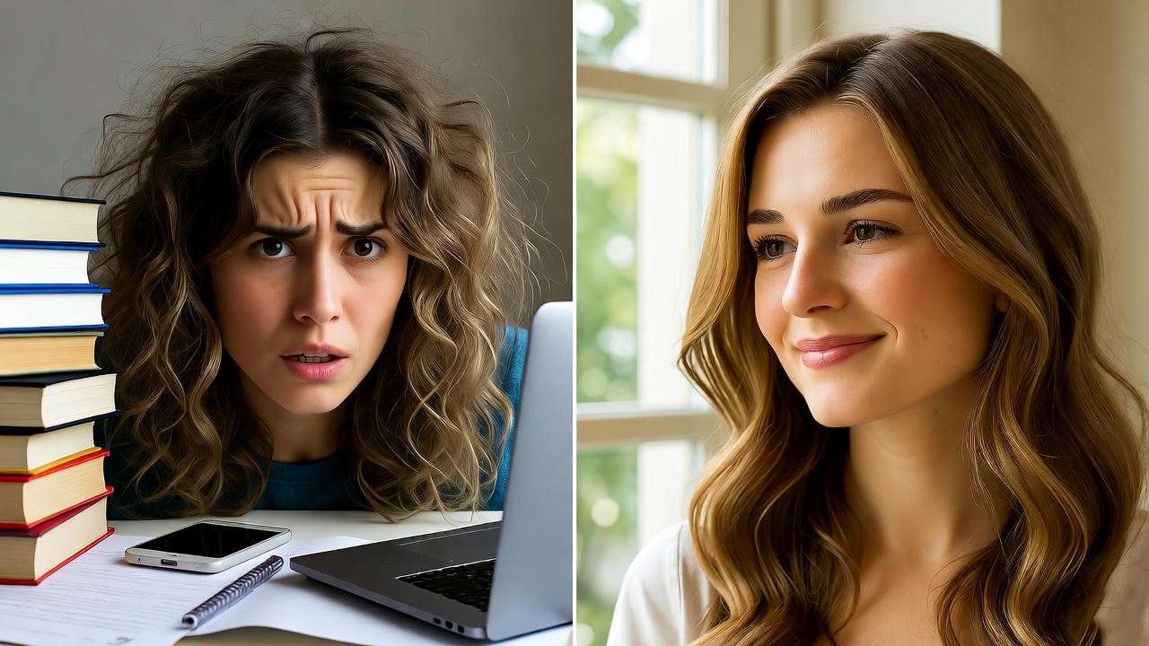 Before-and-after concept showing the impact of stress and self-care on hair health.