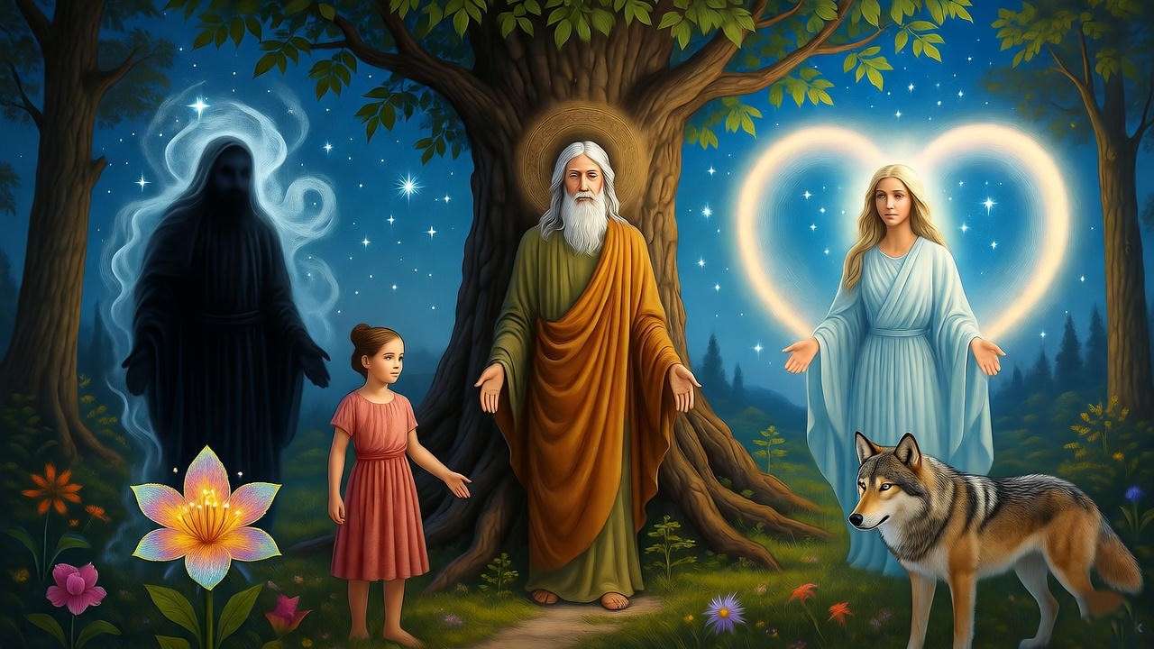 Mystical forest with archetypal figures like wise elder and animal guide under a starry sky.