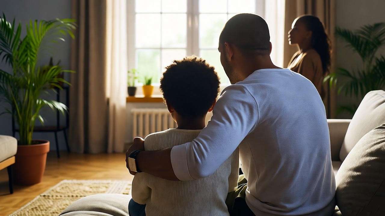 Family sharing a quiet moment on a couch with supportive background