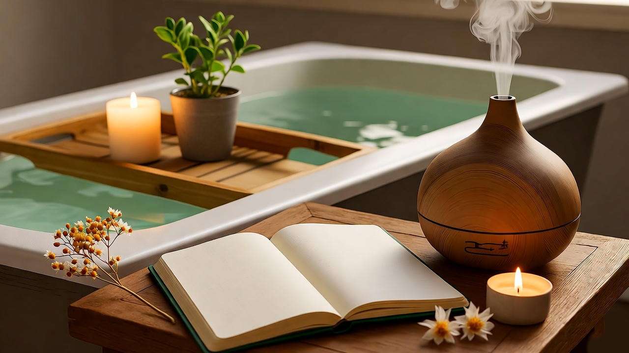 Cozy post-massage setup with bath and diffuser for maximizing wellness benefits.