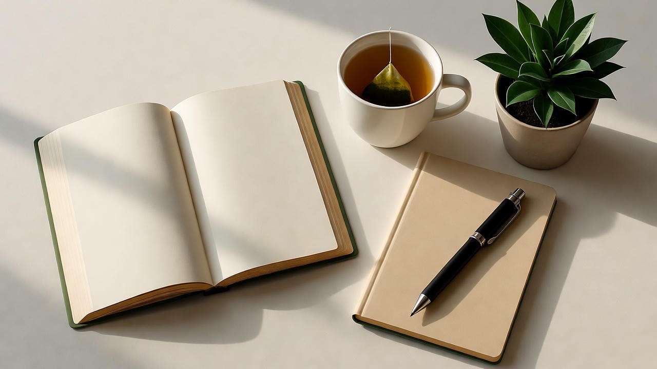 Minimalist workspace with book and herbal tea for expert tips.