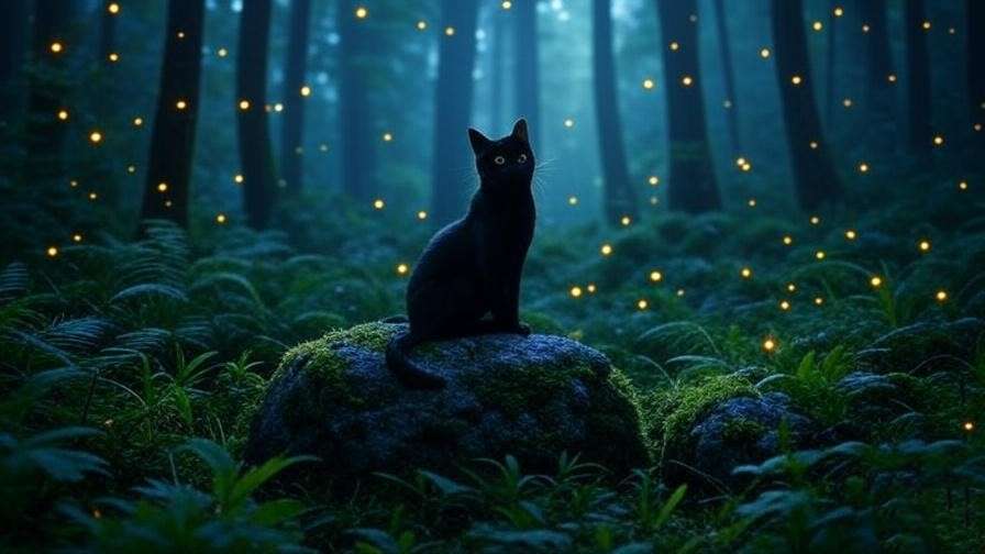 Mystical black cat on a rock in a moonlit forest, symbolizing intuition in dreams.