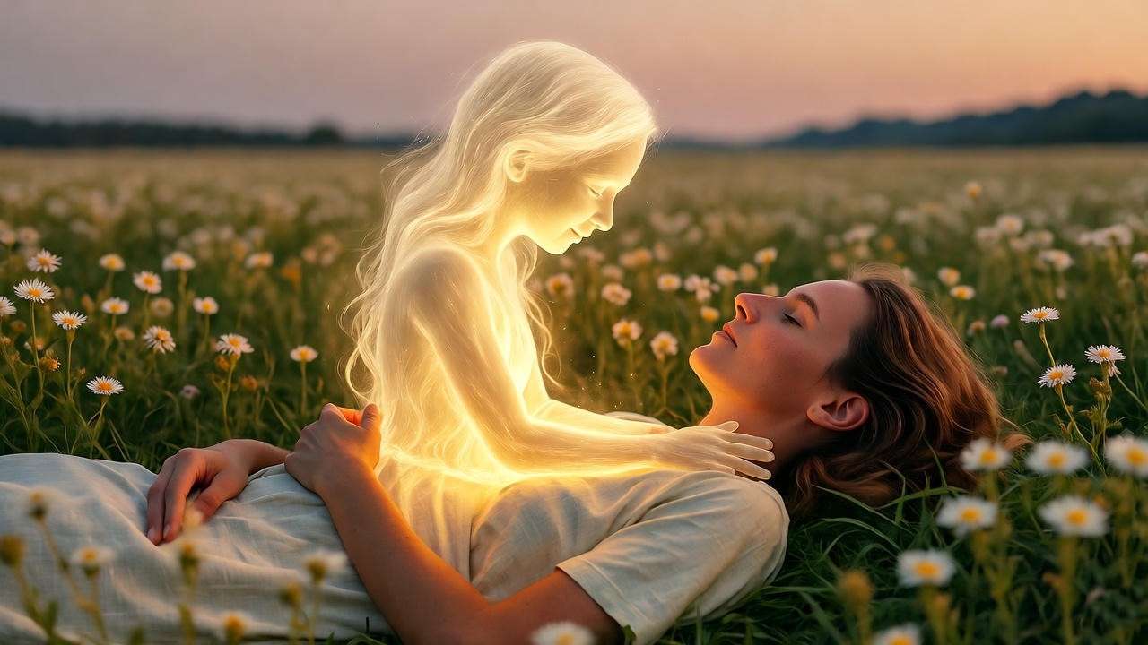 Peaceful meadow with a person embraced by a glowing dream companion at twilight.