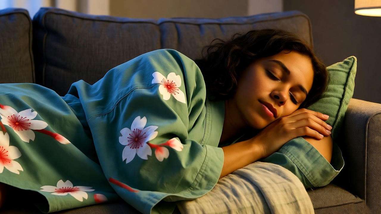 Woman experiencing sensory comfort in breathable happi coat for better sleep 