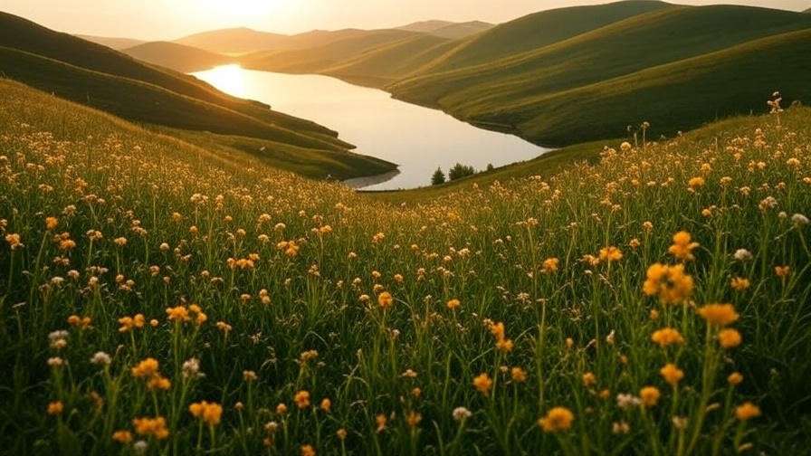  Serene sunrise over a lake with green hills and wildflowers, symbolizing spiritual peace and well-being.

