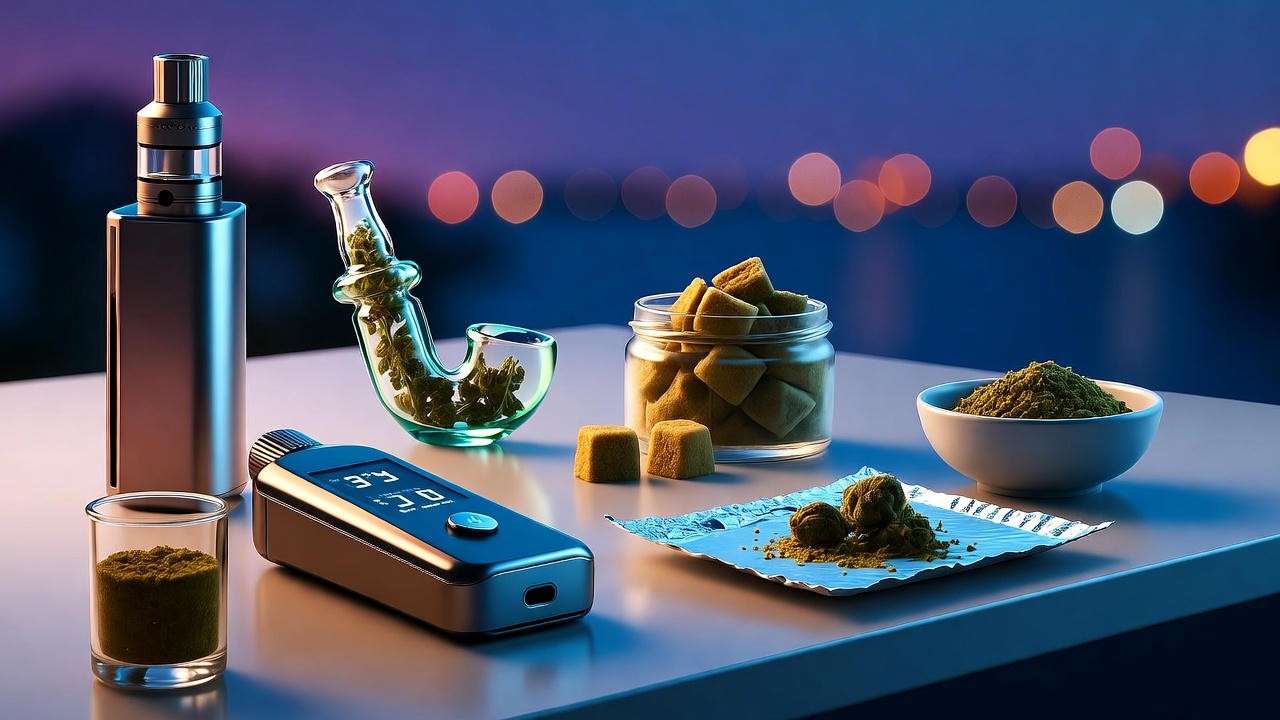 Illustration of Dream Queen strain consumption methods like vaping and edibles on a table, set against a calming night background.
