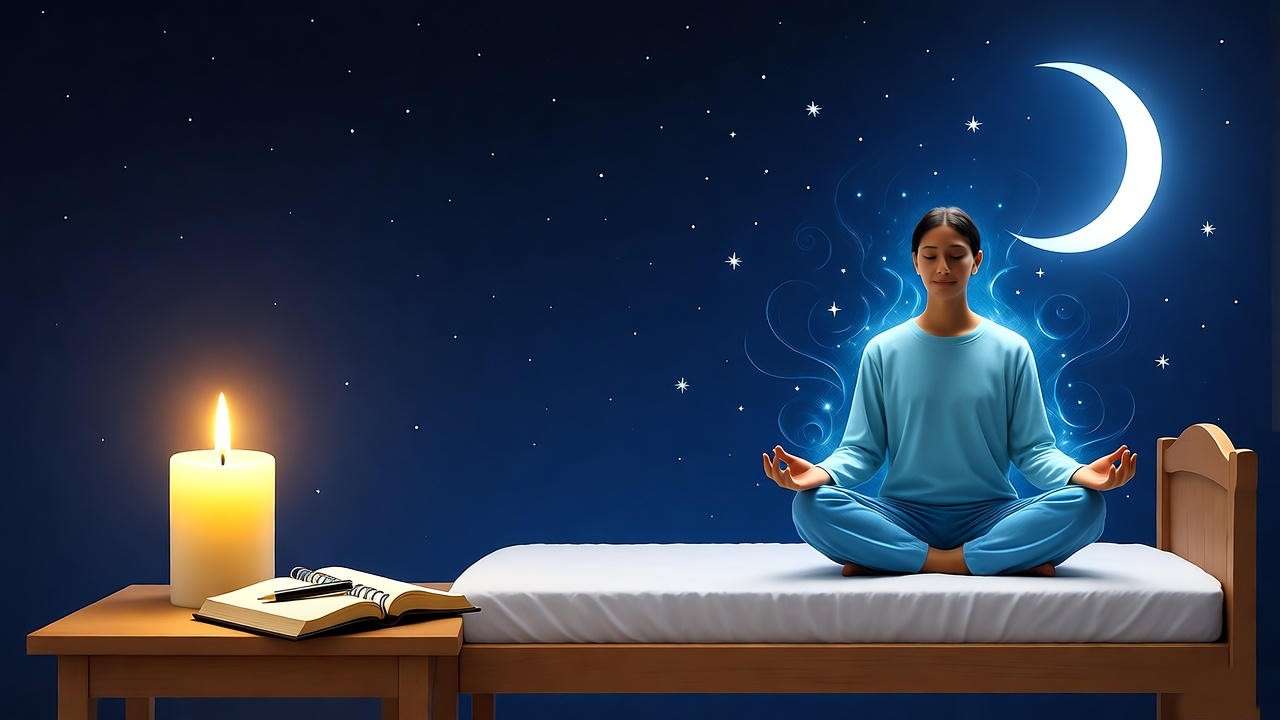Serene bedroom with dream journal, candle, and person meditating under a crescent moon for dream companion guidance.