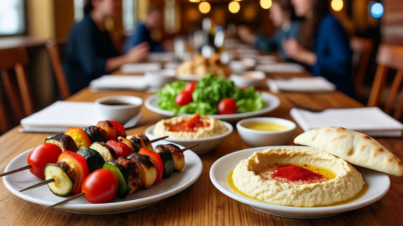 Serene restaurant with colorful appetizers at Firebird Grill happy hour