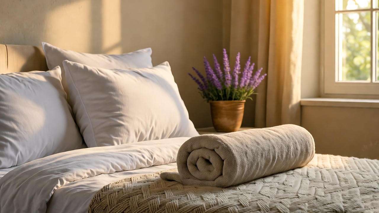 Cozy bedroom with pillows and lavender plant for sleep optimization.