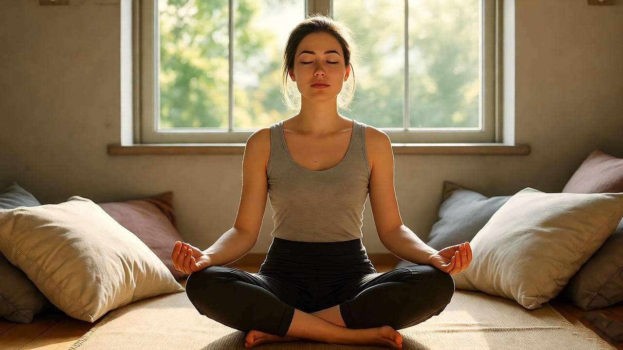 Person meditating peacefully after massage in a minimalist room for mindfulness.