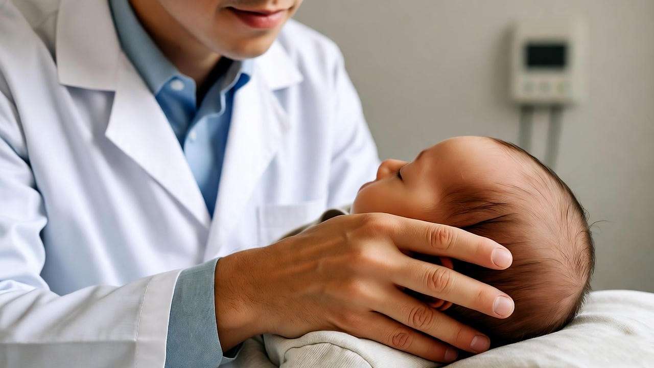 Pediatrician examining newborn in a calm clinical setting for sleep issues.