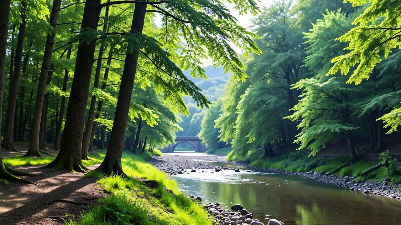 Serene Old Town landscape with forest, river, and historic bridge for camping happiness.