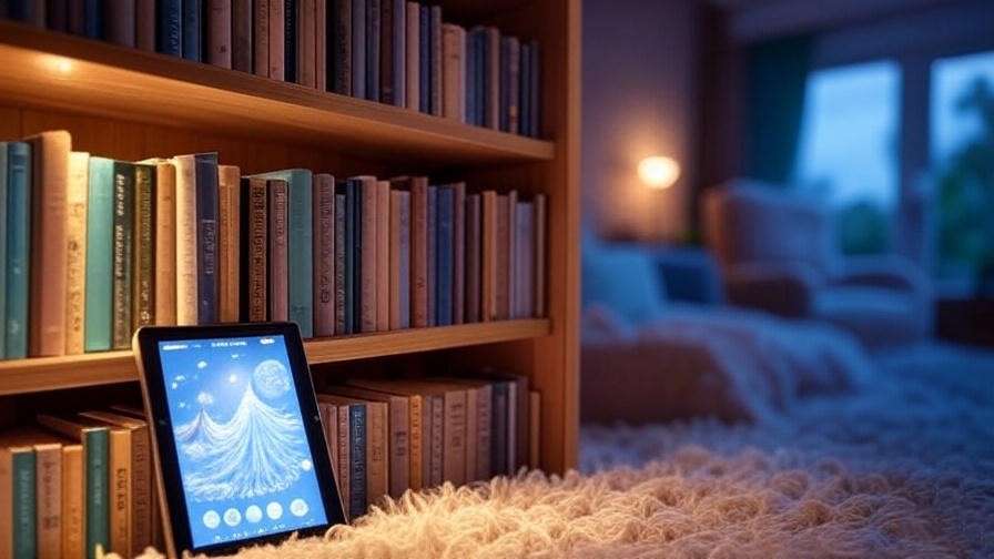 Bookshelf with dream books and tablet app for exploration.