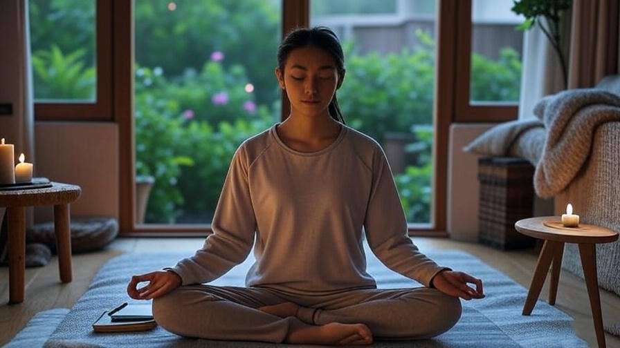 Person meditating with candles and a journal, symbolizing mindfulness and daily spiritual practice.
