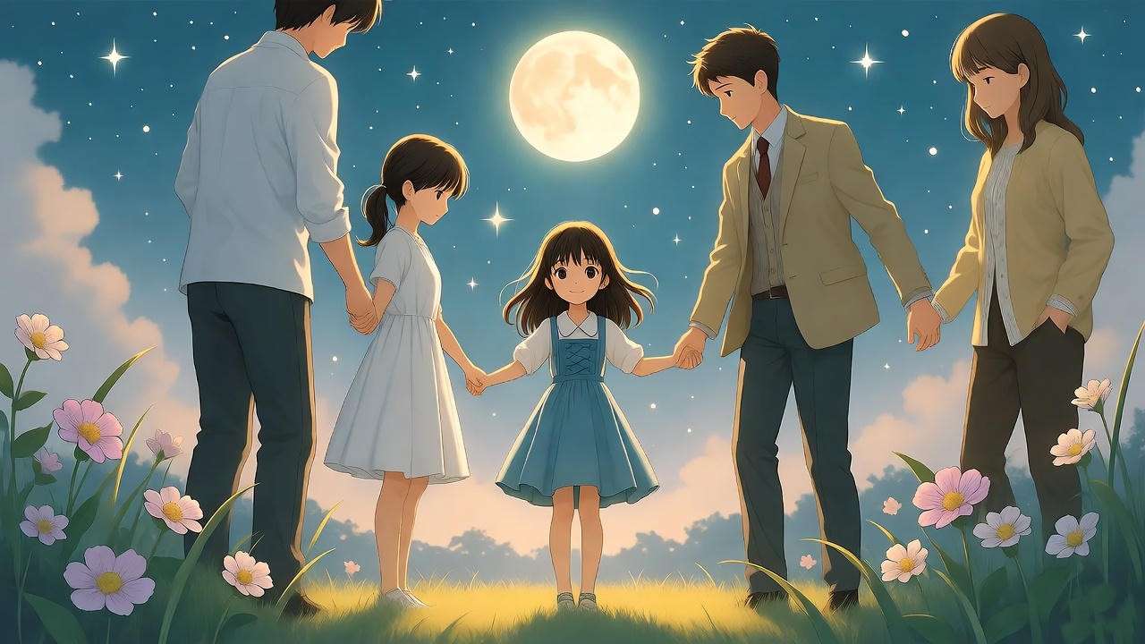 Family circle under moonlit sky with flowers, representing holistic birthday traditions for goddaughter.