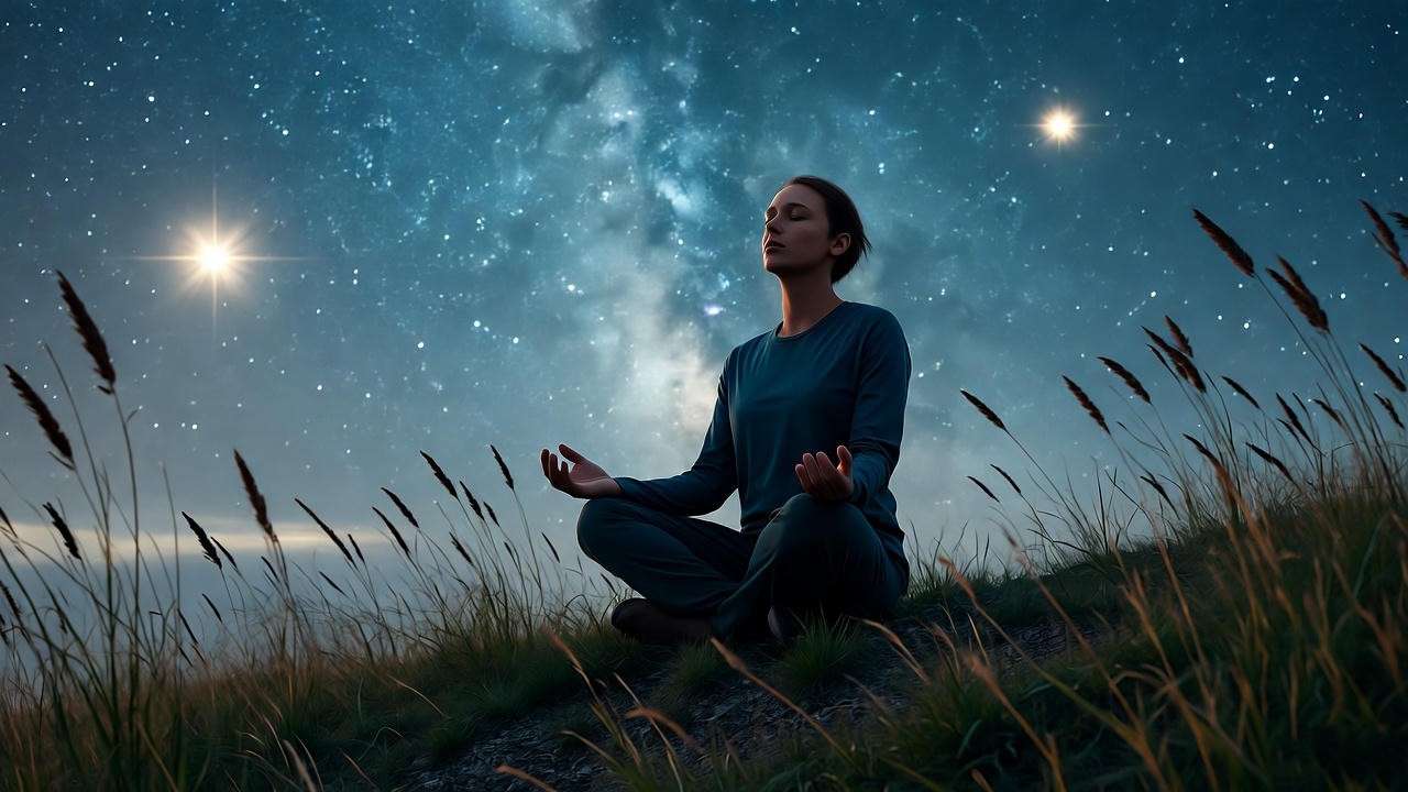 Tranquil hilltop with a person meditating under a starry sky for lucid dreaming mindfulness.
