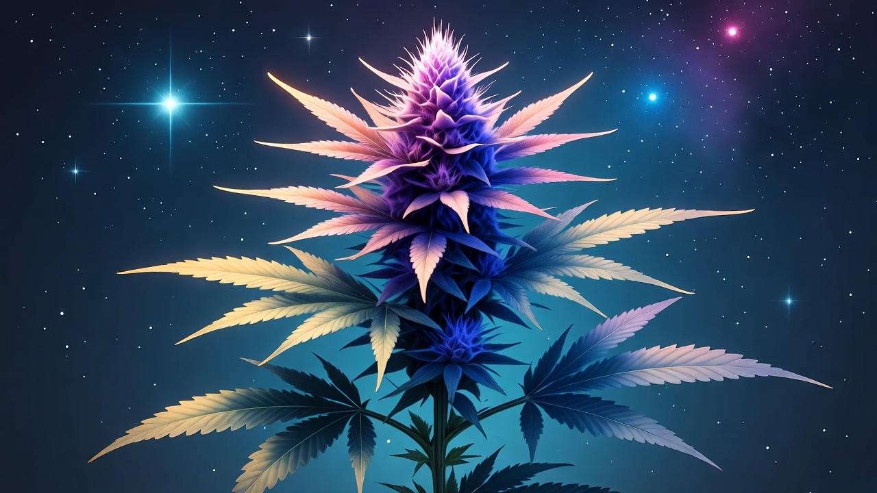 Vibrant Dream Queen strain cannabis plant under a starry night sky, showcasing purple and blue buds for holistic well-being.