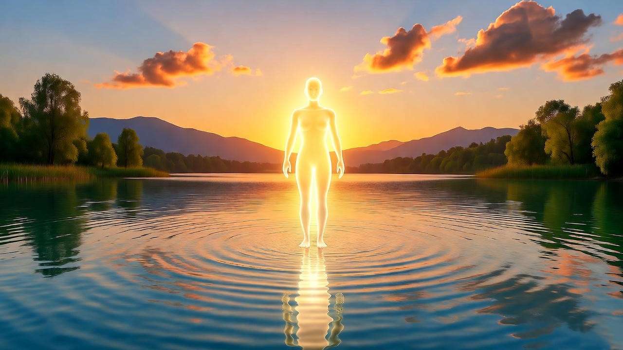 Tranquil lakeside with a glowing figure representing the ideal self in lucid dreaming.