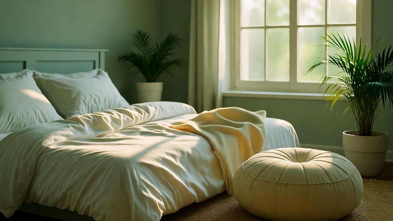 Harmonious bedroom and meditation space with natural light and plants.